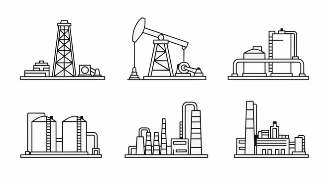 Industrial Oil and Gas Extraction and Processing Facilities Icons.