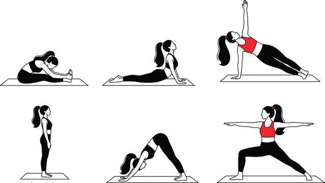 Set of young woman silhouettes practicing various yoga poses including downward dog warrior and side plank isolated on white background for fitness and wellness