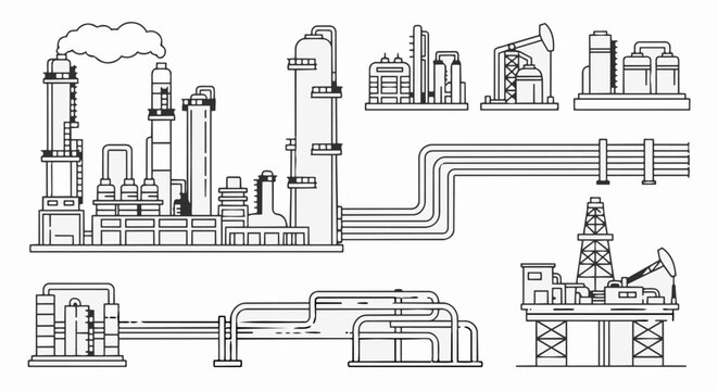 Industrial oil and gas refinery and extraction equipment line art illustration.