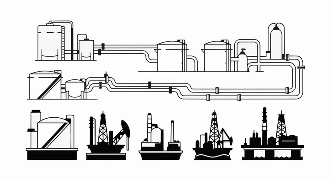 Industrial oil and gas refinery complex with pipelines and drilling rigs.