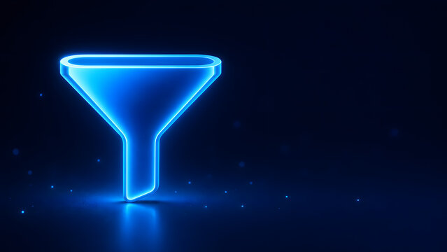 Neon Blue 3D Filter Icon on Dark Technology Background with Copy Space
