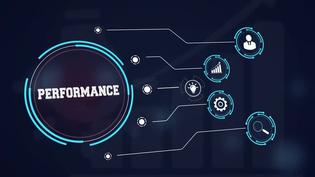 Optimizing business performance and team efficiency displayed on a glowing digital screen featuring circular icons for analytical research and growth planning