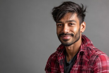 Fototapeta premium Portrait of a happy indian man in his 30s smiling at the camera isolated on soft gray background