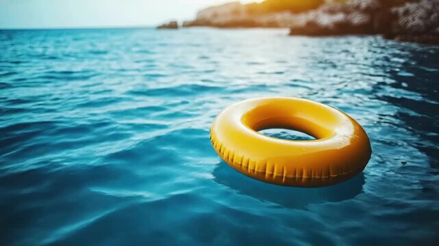 Vibrant yellow inflatable ring floating on serene blue sea at sunrise