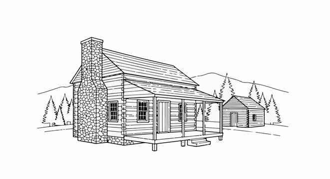Rustic log cabin with stone chimney and smaller outbuilding