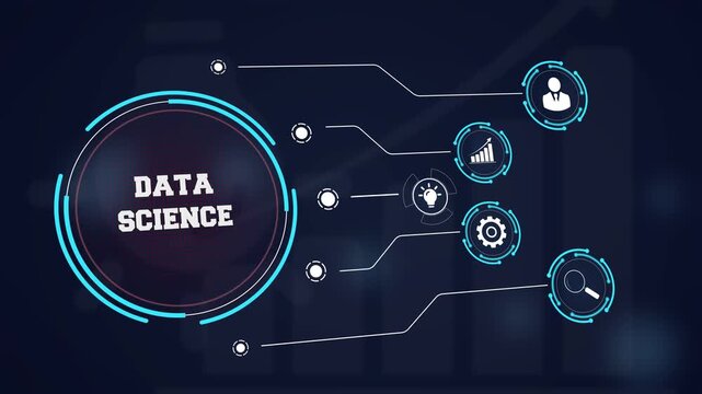Advanced data science and business intelligence concept represented by a digital interface with futuristic icons of professional analytics and strategic insight