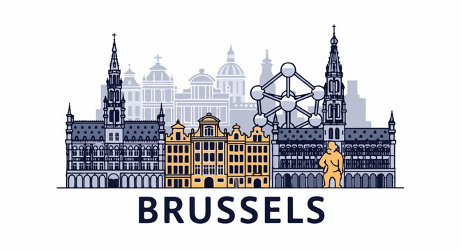 Stylized city skyline with iconic buildings and Atomium