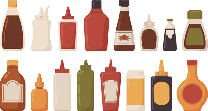 Sauce Bottle Collection Set with Ketchup Mustard Soy Honey and Dressing Containers Vector Illustration for Food Packaging, Condiments and Kitchen Design