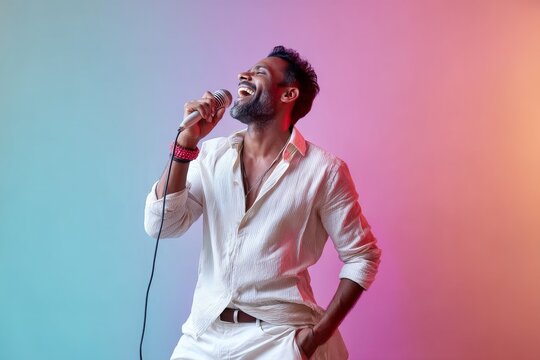 Portrait of a glad indian man in his 40s dancing and singing song in microphone isolated on pastel or soft colors background