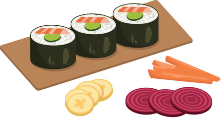 Sushi Roll Set with Salmon Maki and Vegetable Slices Japanese Food Vector Illustration for Restaurant Menu, Asian Cuisine and Healthy Eating Design © MdMunzurul