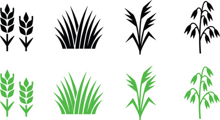 Fototapeta premium Versatile Vector Icon Set Featuring Cereal Grains, Wheat Ears, Lush Grass Tufts, and Meadow Plant Silhouettes in Black and Green Colors for Agricultural Branding and Environmental Design