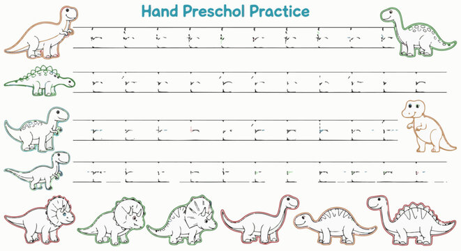 A children's worksheet with dinosaurs for handwriting practice