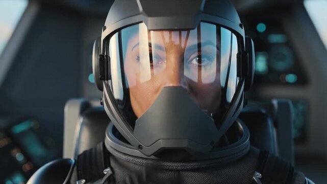 Starting countdown, female pilot adjusting helmet and sealing face mask in cockpit, teal lights