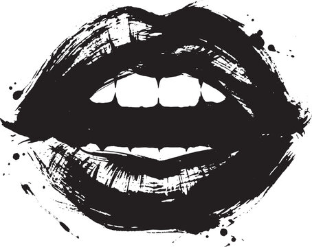 Grunge black lips biting teeth vector silhouette illustration design art.