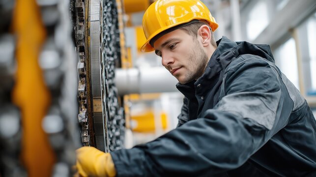 Man mechanic in yellow hard hat inspecting industrial machine in factory. Professional worker repairing equipment at manufacturing plant. Engineering, maintenance and production concept.