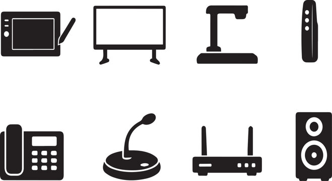 Set of 8 Modern Technology and Electronic Device Vector Icons Featuring a Graphic Tablet, Flat Screen TV, Document Scanner, Remote, IP Phone, Conference Mic, Wireless Router and Speaker
