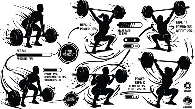 Weightlifting Infographic Vector Silhouette Set of Male and Female Athletes