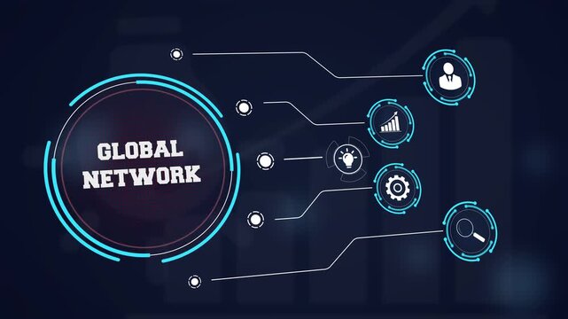 Building a global network for international business expansion visualized through a futuristic digital interface with icons of professional connectivity and growth