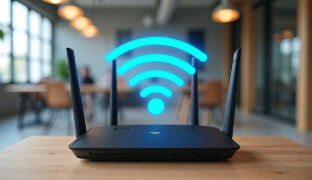Wireless internet router sits on wooden table in modern office 