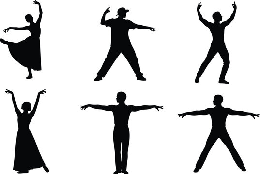 Six silhouette dancers in various poses on a transparent checkered background.