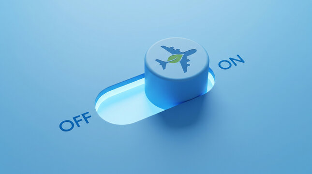 A 3D-rendered toggle switch in ON position with a green leaf-plane icon on a sky-cerulean surface representing sustainable aviation fuel activation.