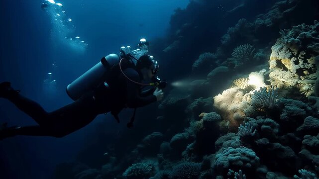 Scuba diver exploring a coral reef at night using an underwater torch to illuminate anemones and reef formations on a steep slope, bubbles rising toward the dim surface