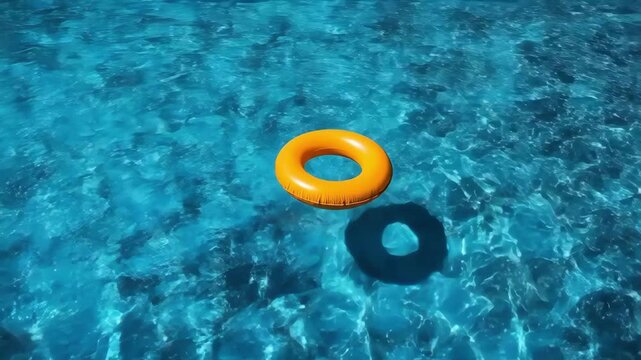Bright orange inflatable ring floating in blue sparkling pool water