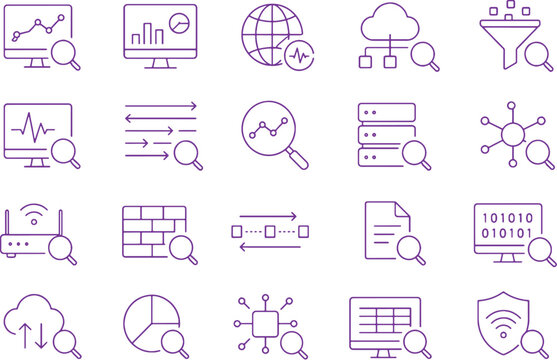 Network Traffic Analysis Icon Set Minimalist Line Art Vector Data Flow Monitoring UI UX Security Icons