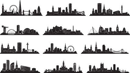 Obraz premium UK and Ireland City Skyline Silhouette Set Minimalist Black Vector Illustration