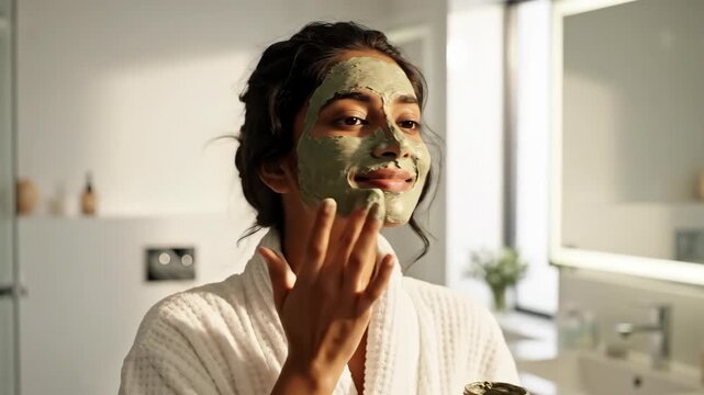 indian woman applying green clay mask on face in sunlit bathroom. skincare routine, beauty treatment, self care concept. natural cosmetics, spa wellness, dermatology.