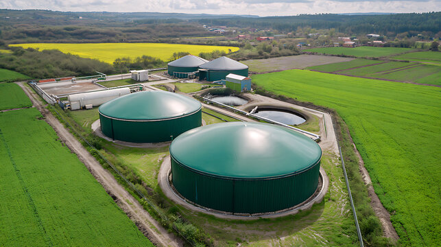 Aerial view of a modern biogas facility with large green digesters situated amidst lush fields under a bright sky, emphasizing renewable energy