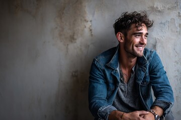 Obraz premium Portrait of a content man in his 20s smiling at the camera in front of bare concrete or plaster wall