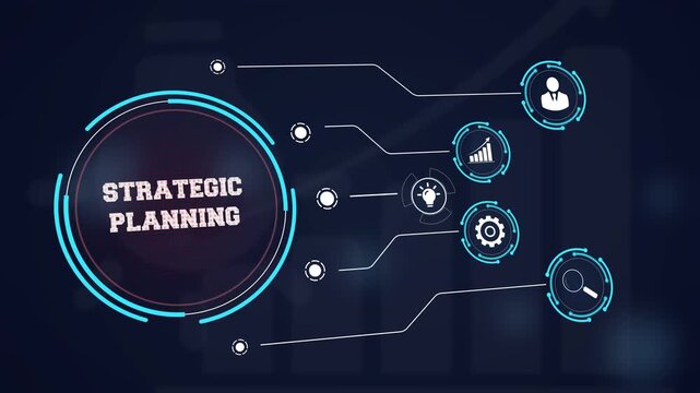 Professional strategic planning and corporate roadmap development shown on a digital interface with futuristic icons of business vision and leadership success