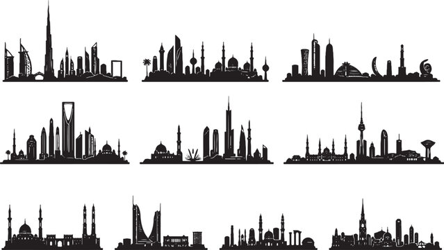 Middle East City Skyline Silhouette Collection Minimalist Black Vector Illustration