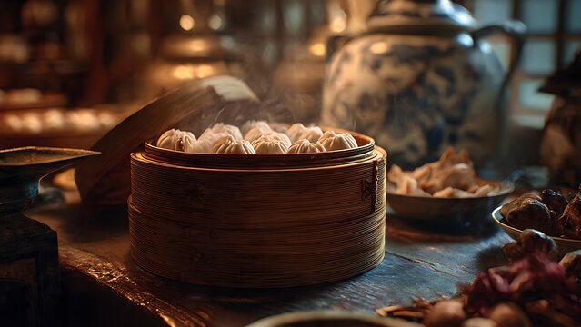 Steamed dumplings in bamboo.