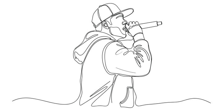 Continuous one line drawing of rapper singing into microphone.