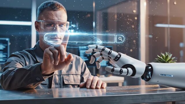 Man touches hologram search bar while robot mimics finger gesture. Engineer and robot interact with hologram interface. Man with robot tests search technology. AI collaboration in office.