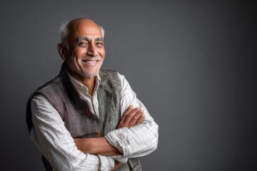 Fototapeta premium Portrait of a happy indian man in his 60s with arms crossed in front of blank studio backdrop