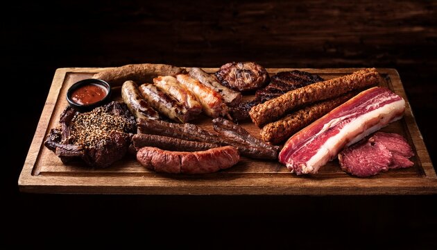 assorted argentinian asado meats on rustic wooden board