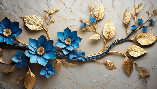 artistic 3d wall sculpture of tree branches with blue flowers and gold leaves on textured background