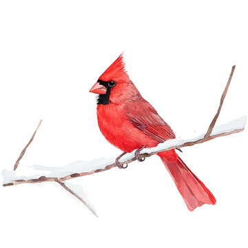 Red Cardinal On Snow Branch, playful watercolor vector depicting lively antics and expressive gestures, isolated on a white background.
