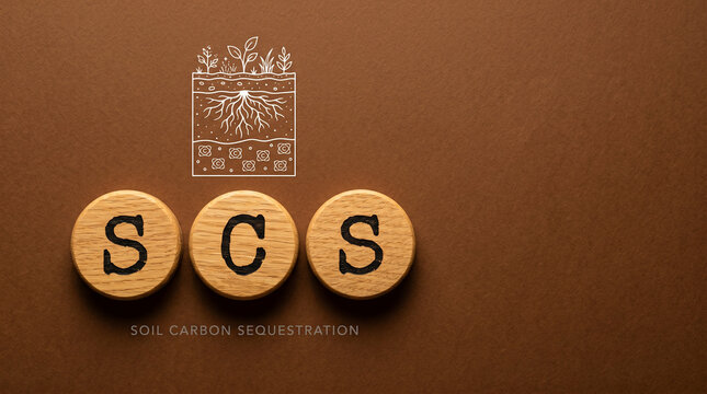Three warm wood discs spelling SCS with a soil layer, root system, and carbon atom icon above on a rich earth-brown background for regenerative agriculture.