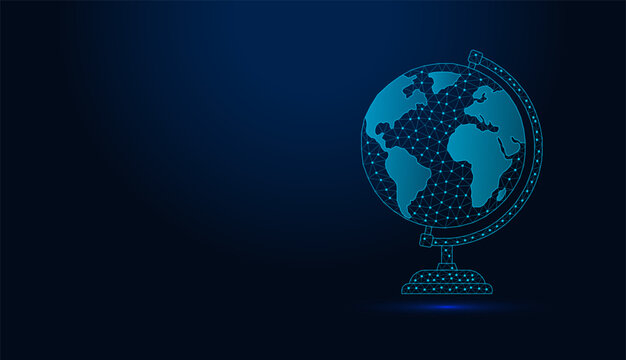 Low poly wireframe globe on dark blue background.