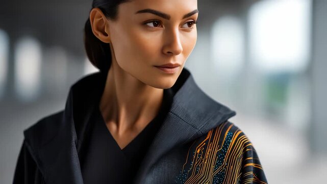 A stylish woman wears high tech fashion featuring glowing circuit designs, blending technology and elegance. The urban setting highlights her forward thinking attitude and contemporary look