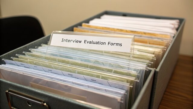 Organized Interview Evaluation Forms in a Neat Storage Box