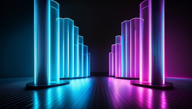 3d neon glass columns in perspective on black futuristic architectural pedestals with blue cyan magenta lighting for sci fi product showcase