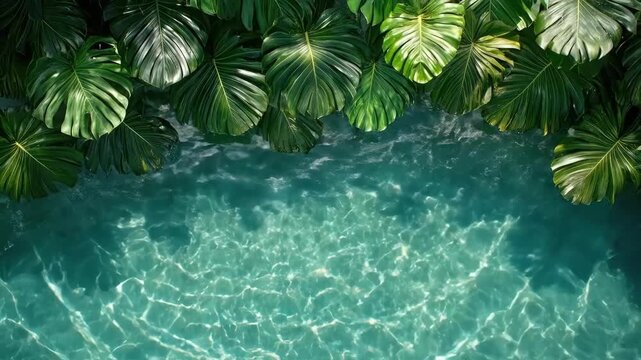 Lush tropical monstera leaves over crystal clear water surface