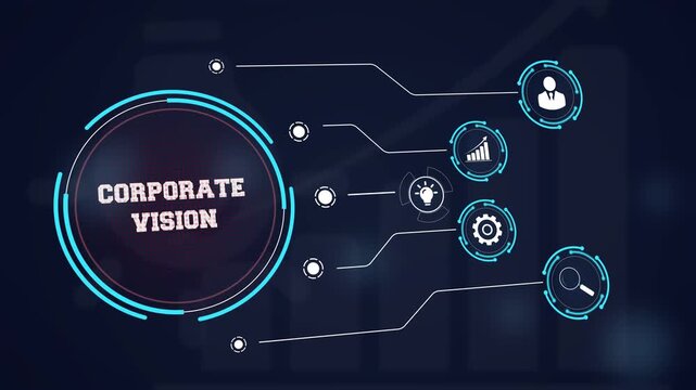 Establishing a clear corporate mission using innovative technology displayed on a glowing digital screen featuring circular icons for creative thinking and development