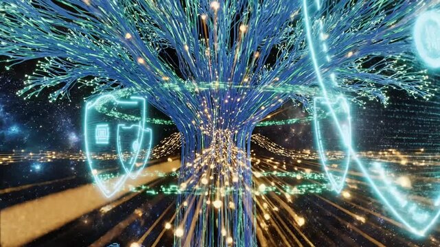 Digital data tree protected by holographic shields against cyber attacks in space