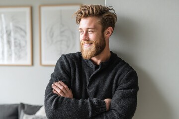 Fototapeta premium Portrait of a blissful man in his 20s with arms crossed isolated on crisp minimalistic living room